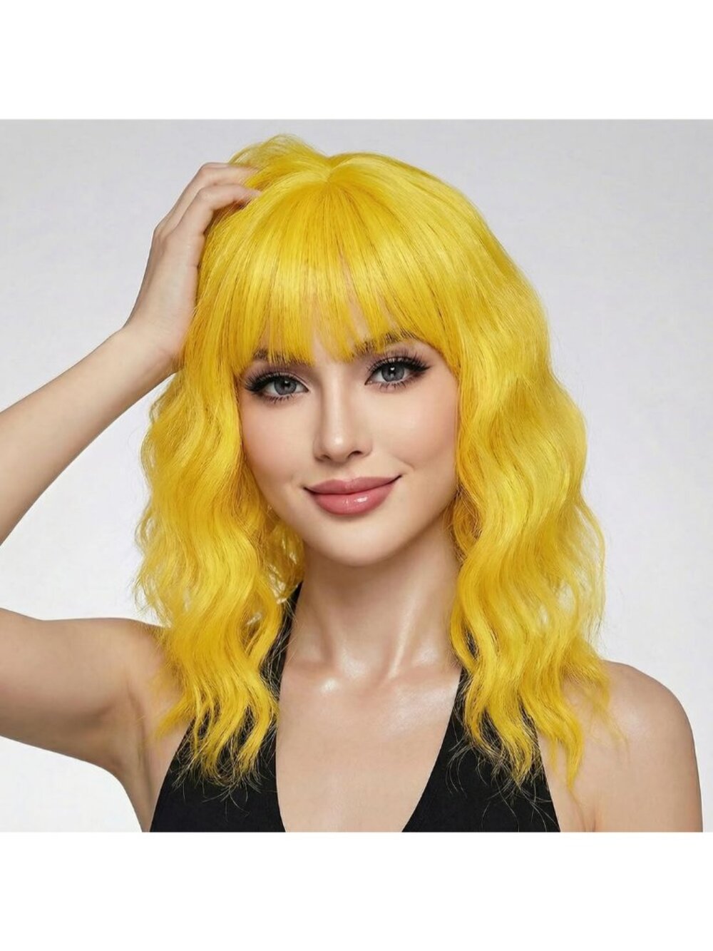 Women's Yellow 14 Inch Short Shoulder Length Synthetic Bangs Wavy Bob Wig